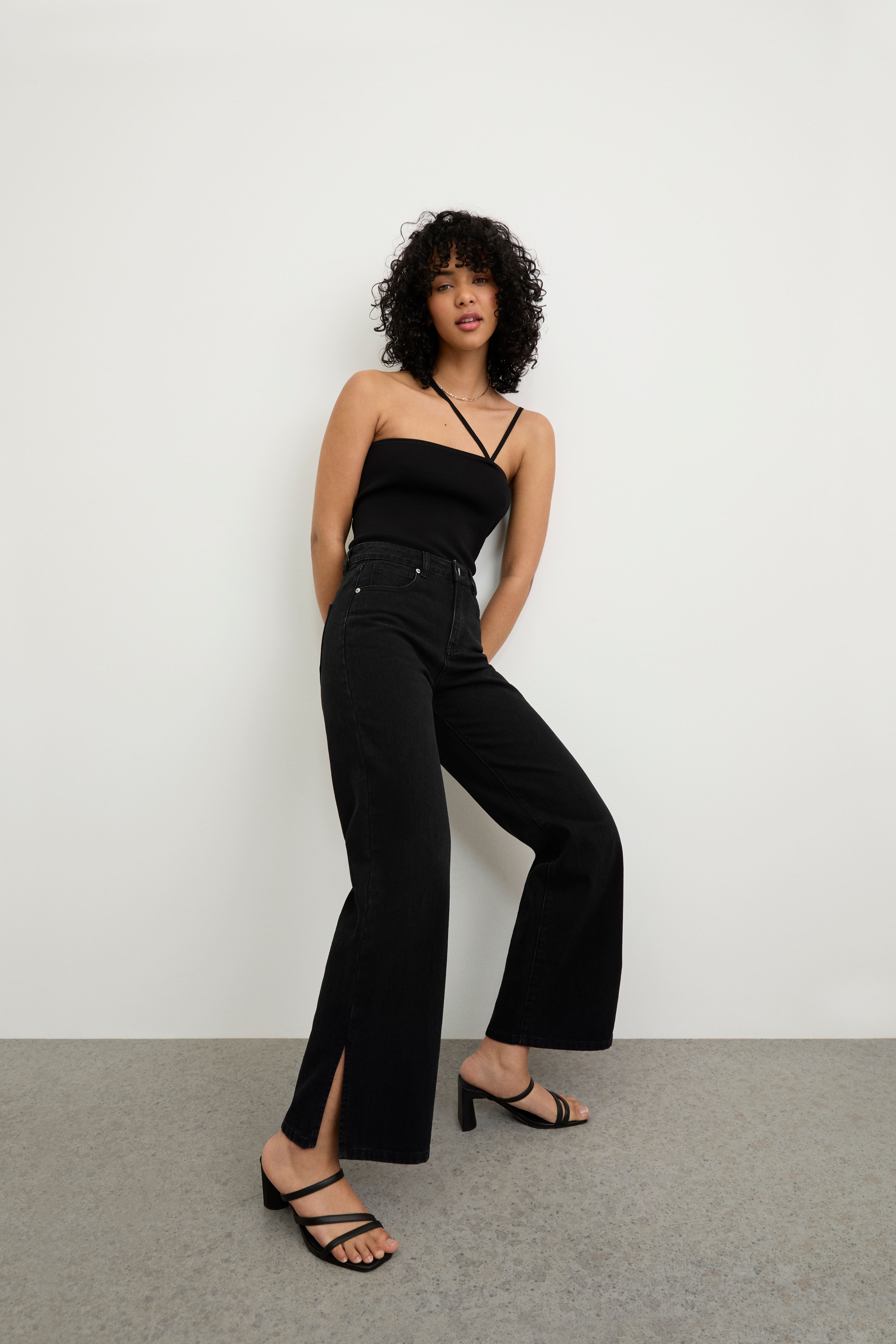 Black Wide-Leg Split Leg Jeans