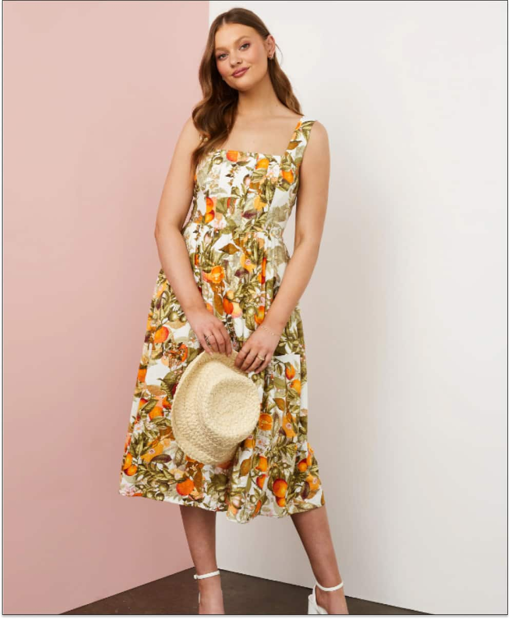 Linen Blend Corset Dress in Oranges Print