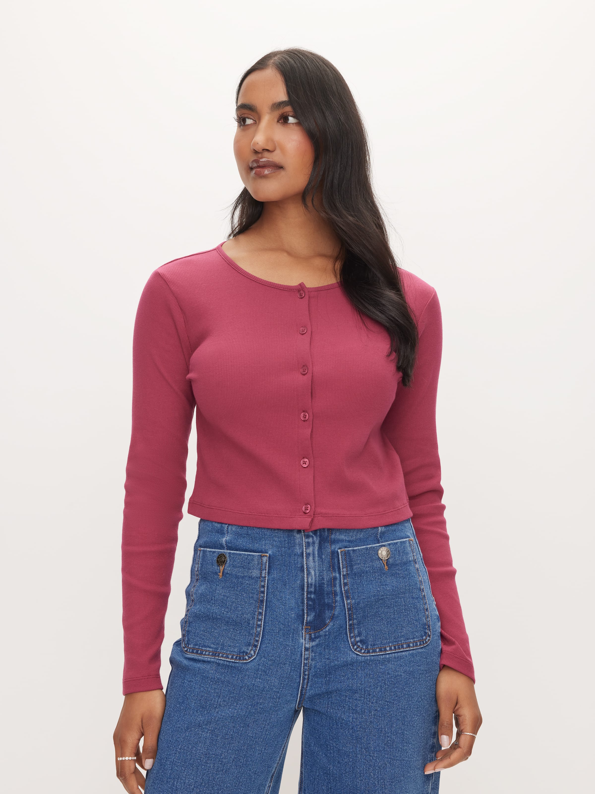 Long Sleeve Button Through Rib Top