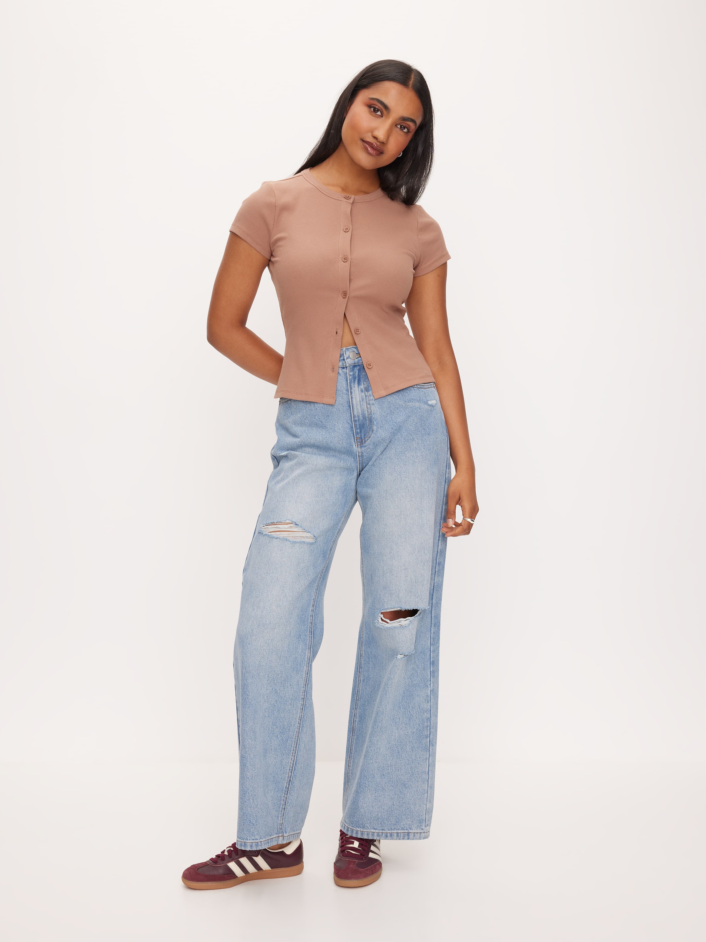 Rib Button Through Short Sleeve Top