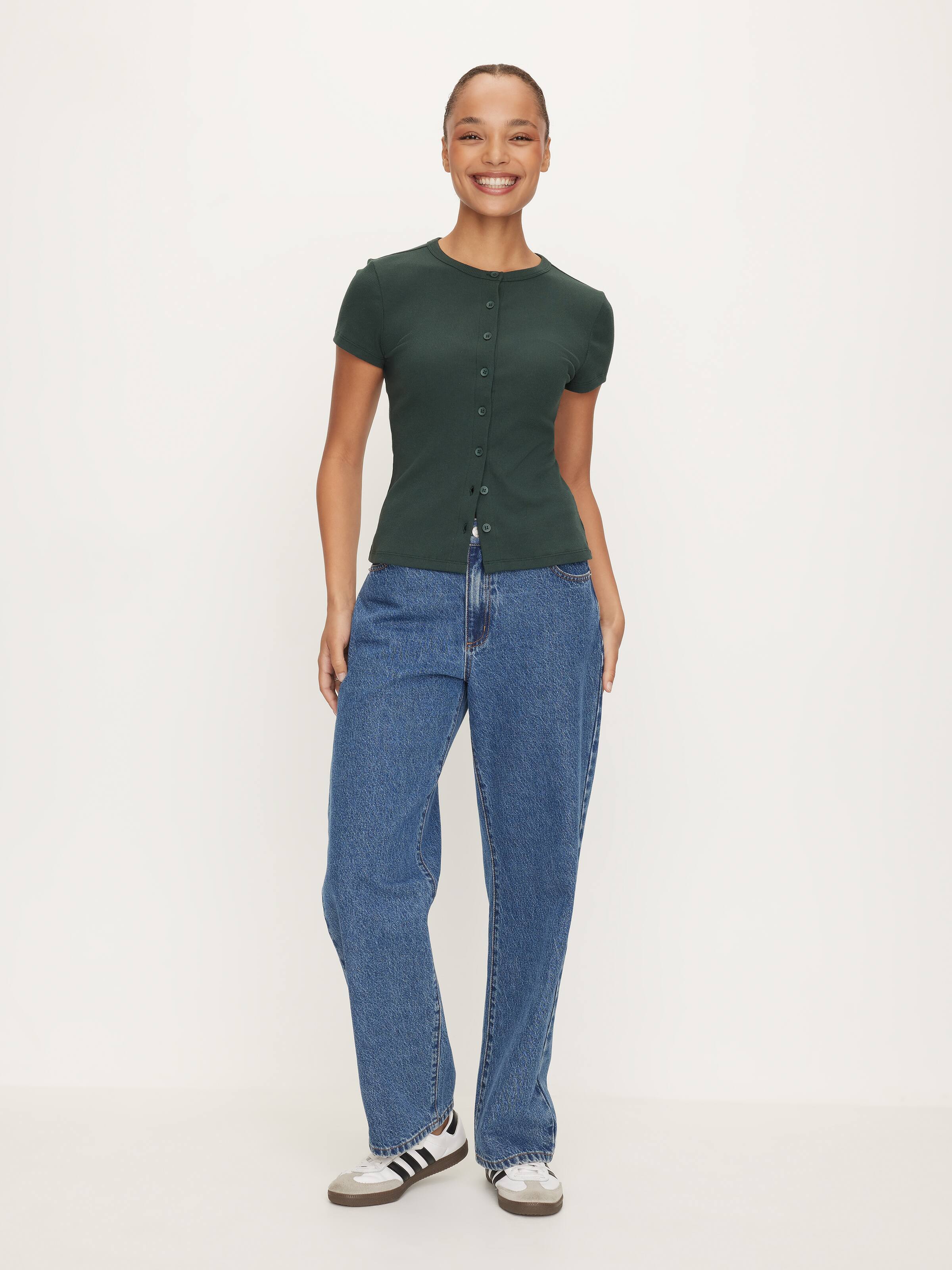 Rib Button Through Short Sleeve Top
