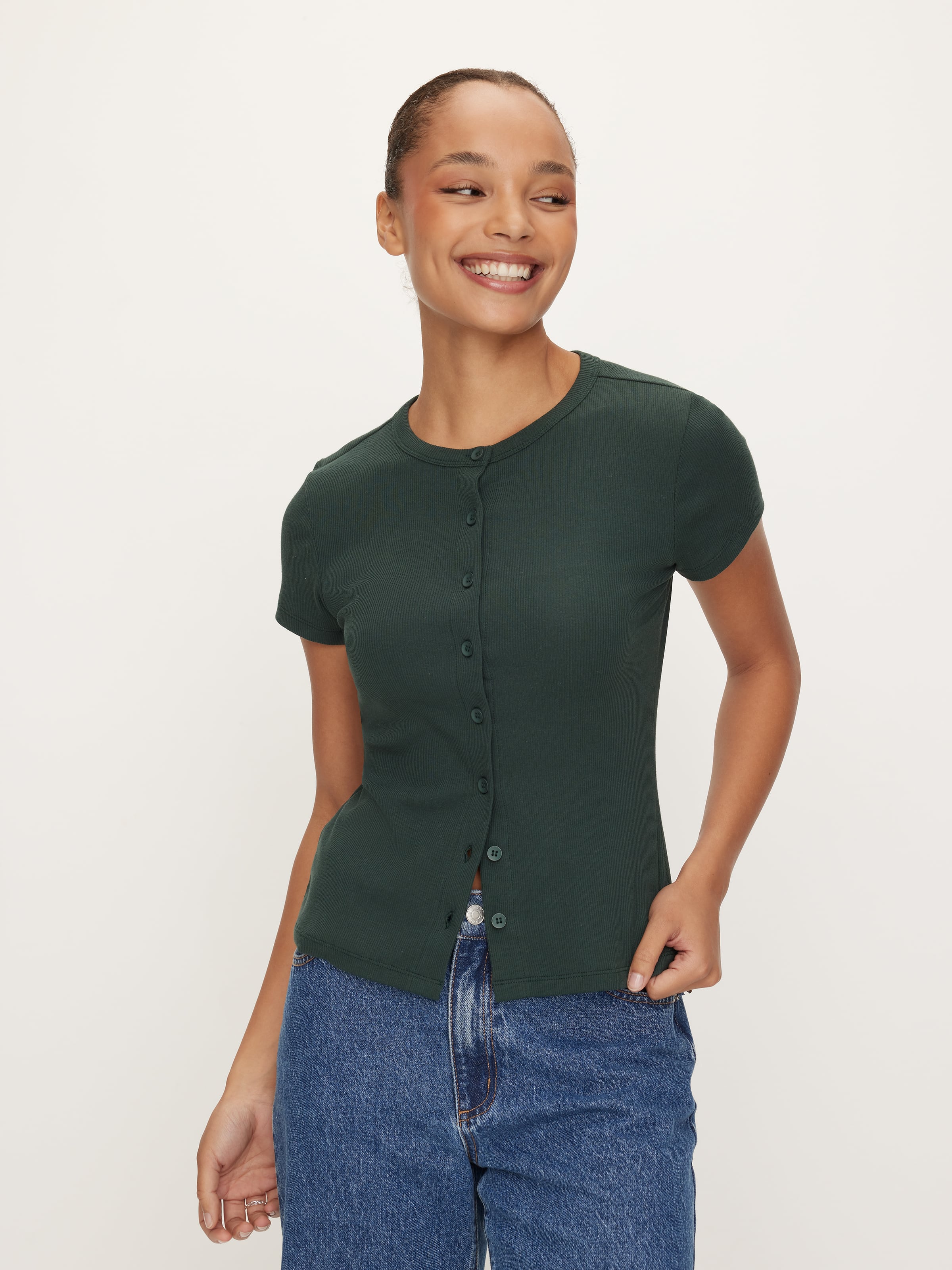 Rib Button Through Short Sleeve Top