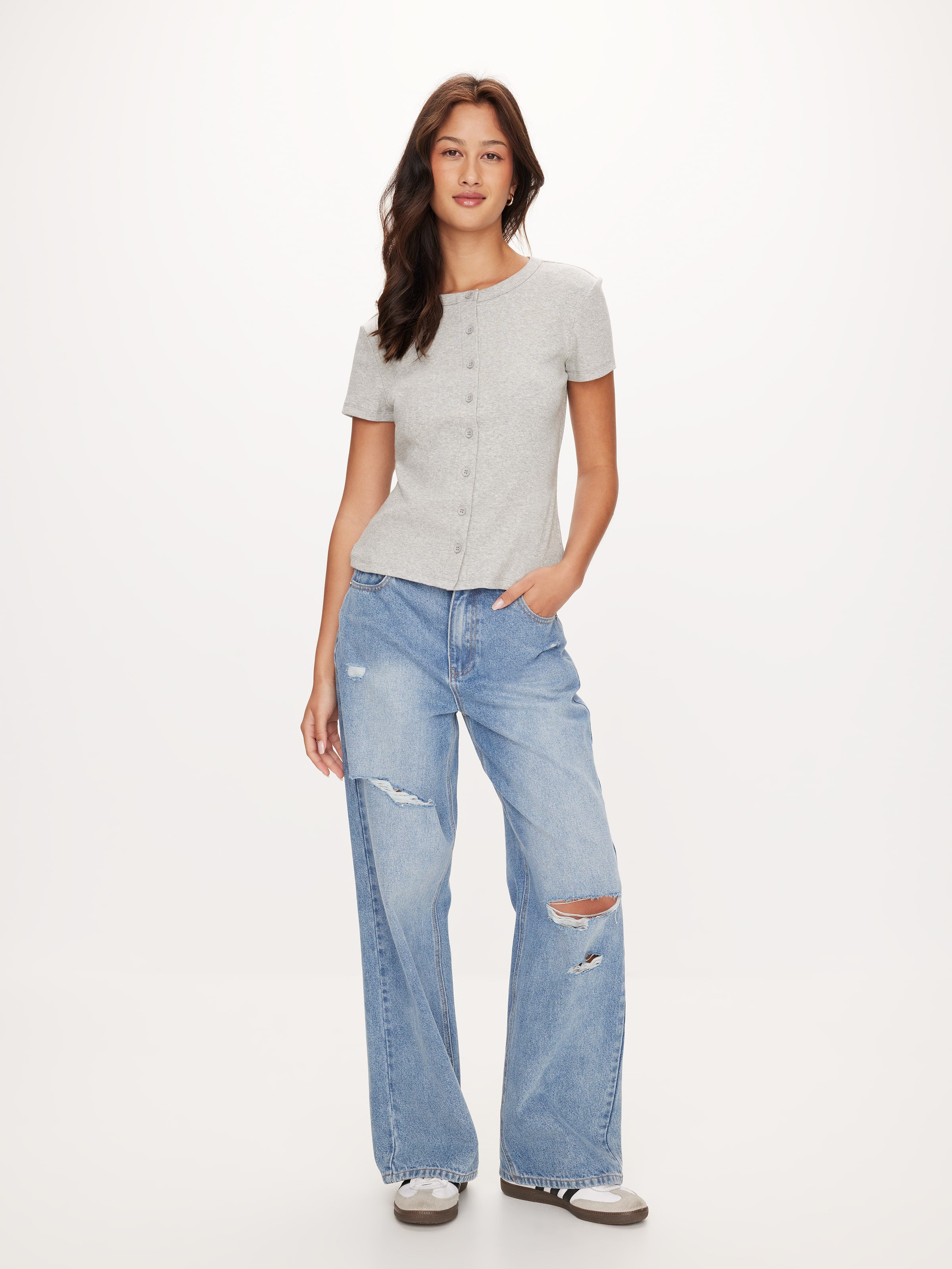 Rib Button Through Short Sleeve Top