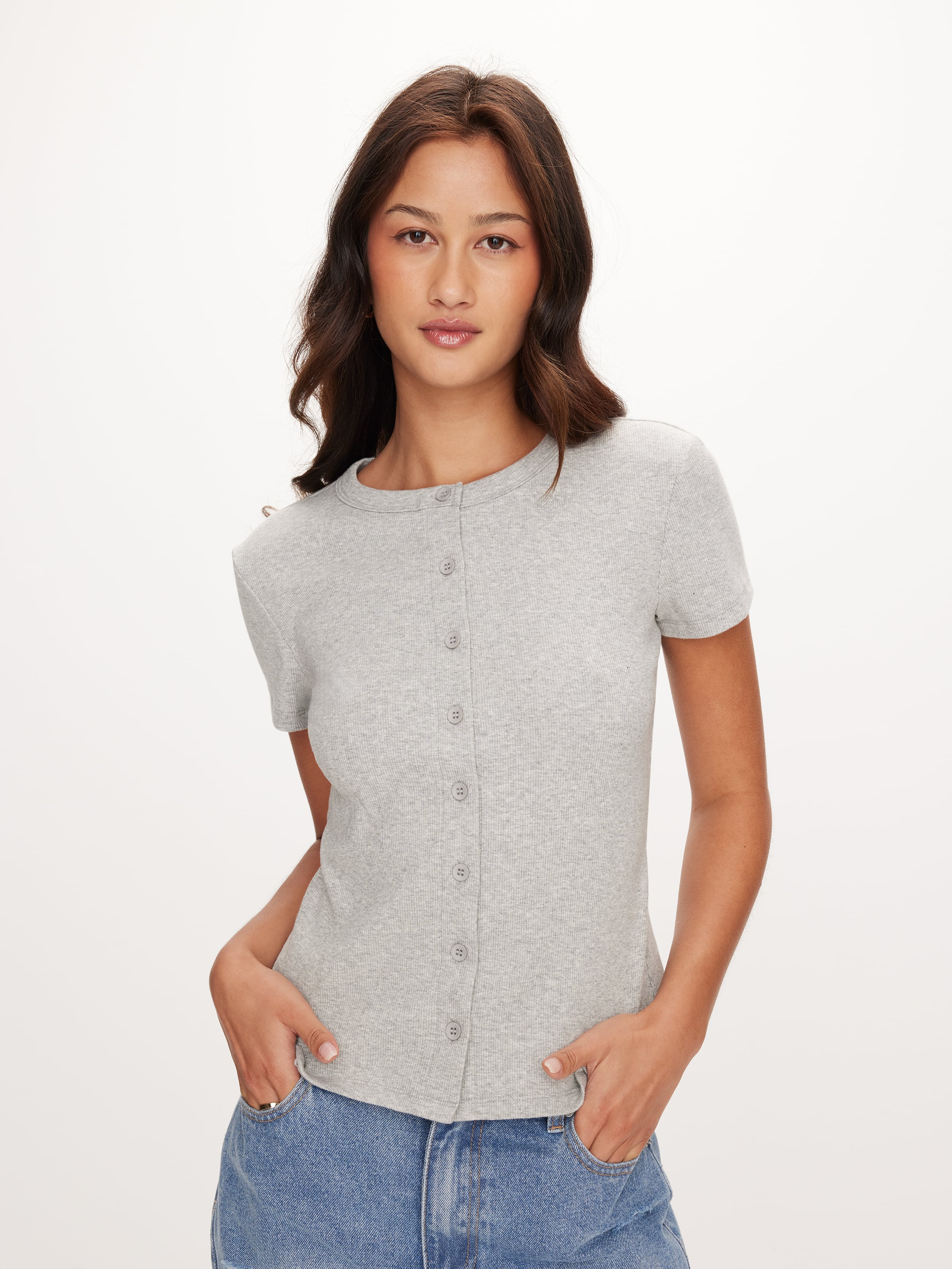Rib Button Through Short Sleeve Top