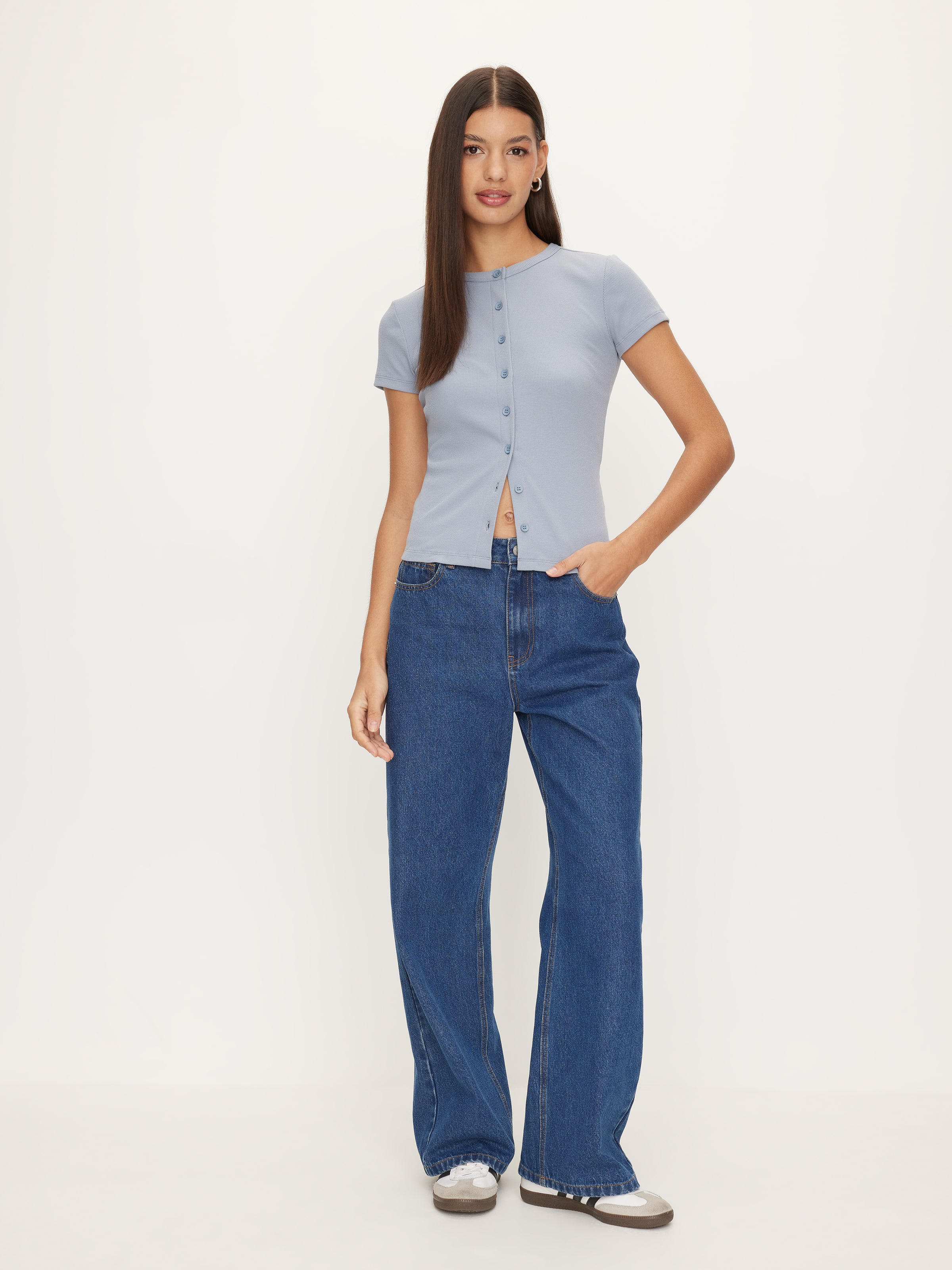 Rib Button Through Short Sleeve Top