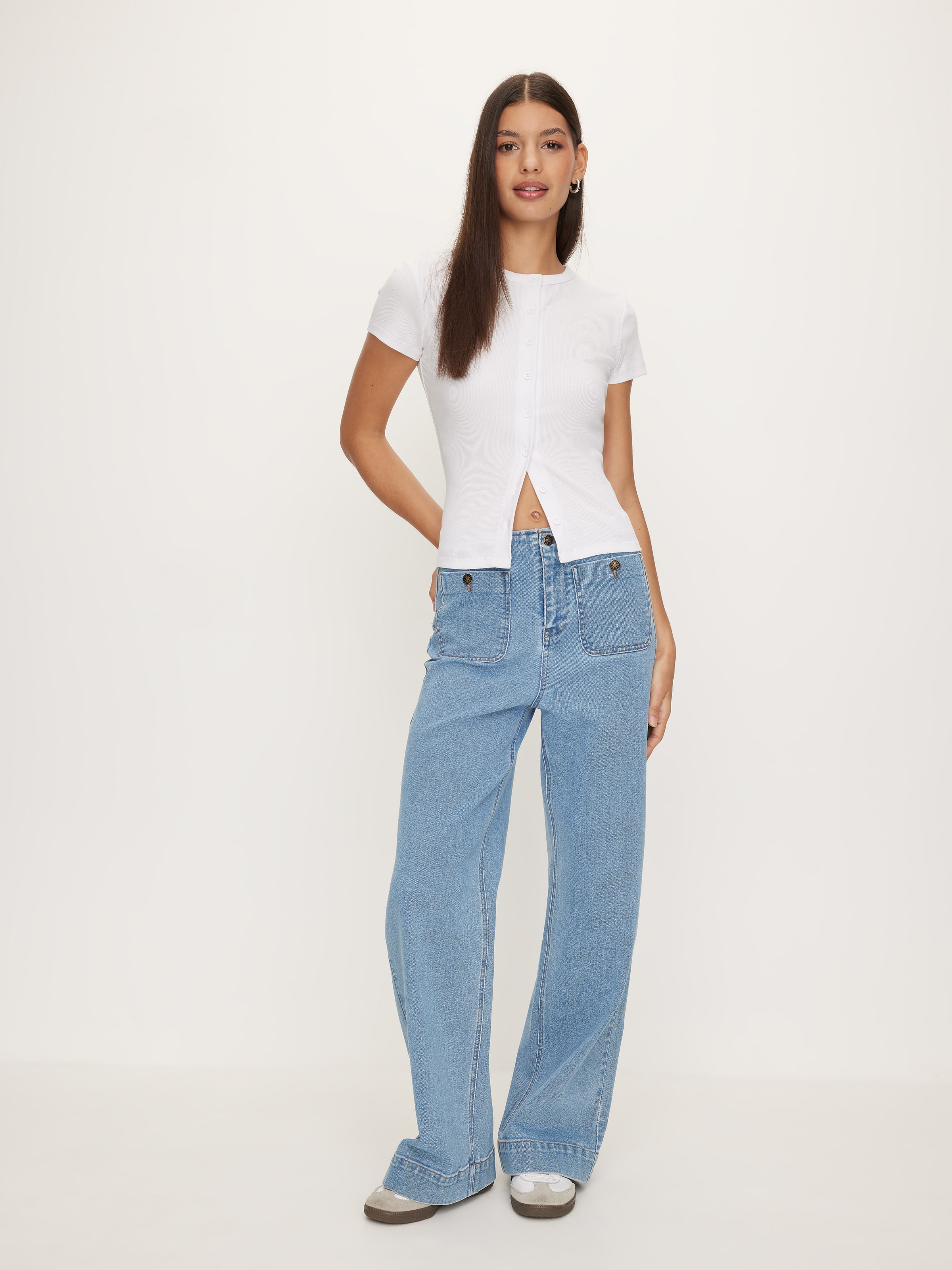 Rib Button Through Short Sleeve Top