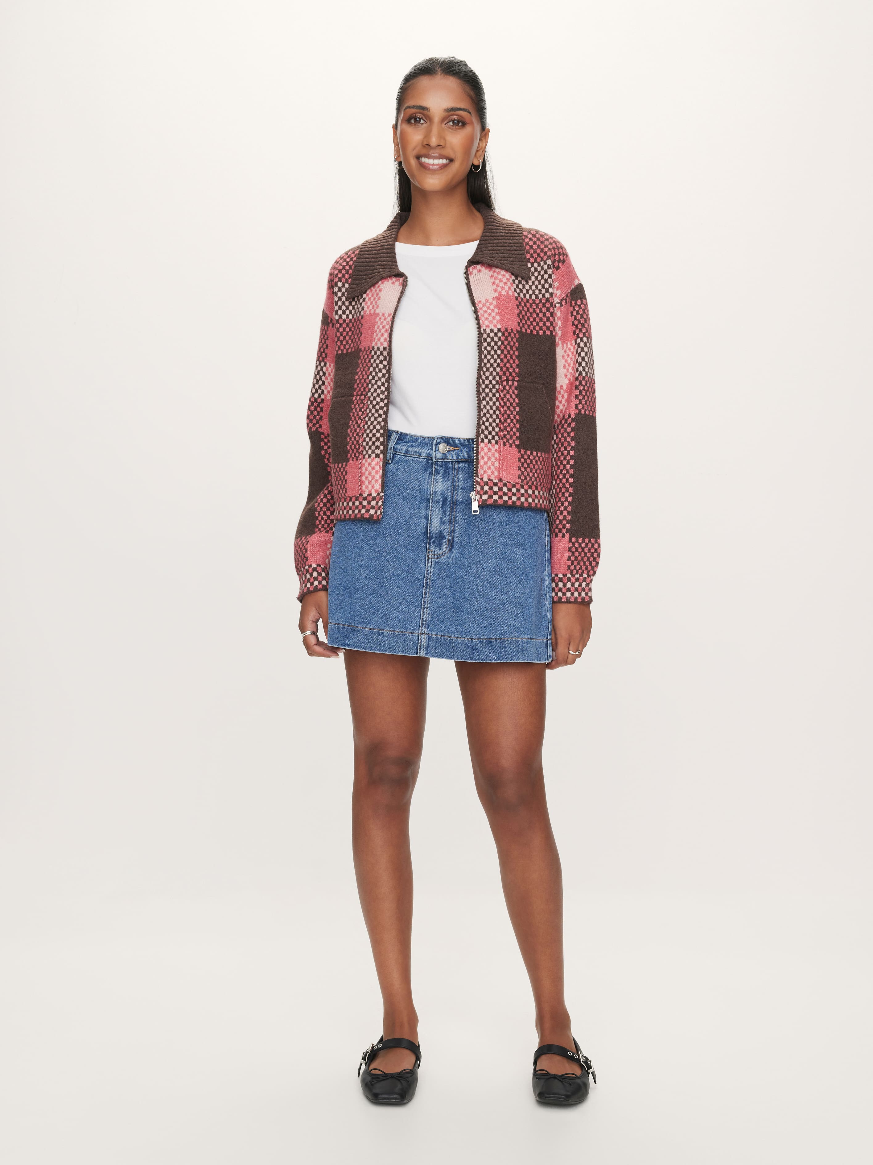 Brandi Check Knit Bomber Jacket