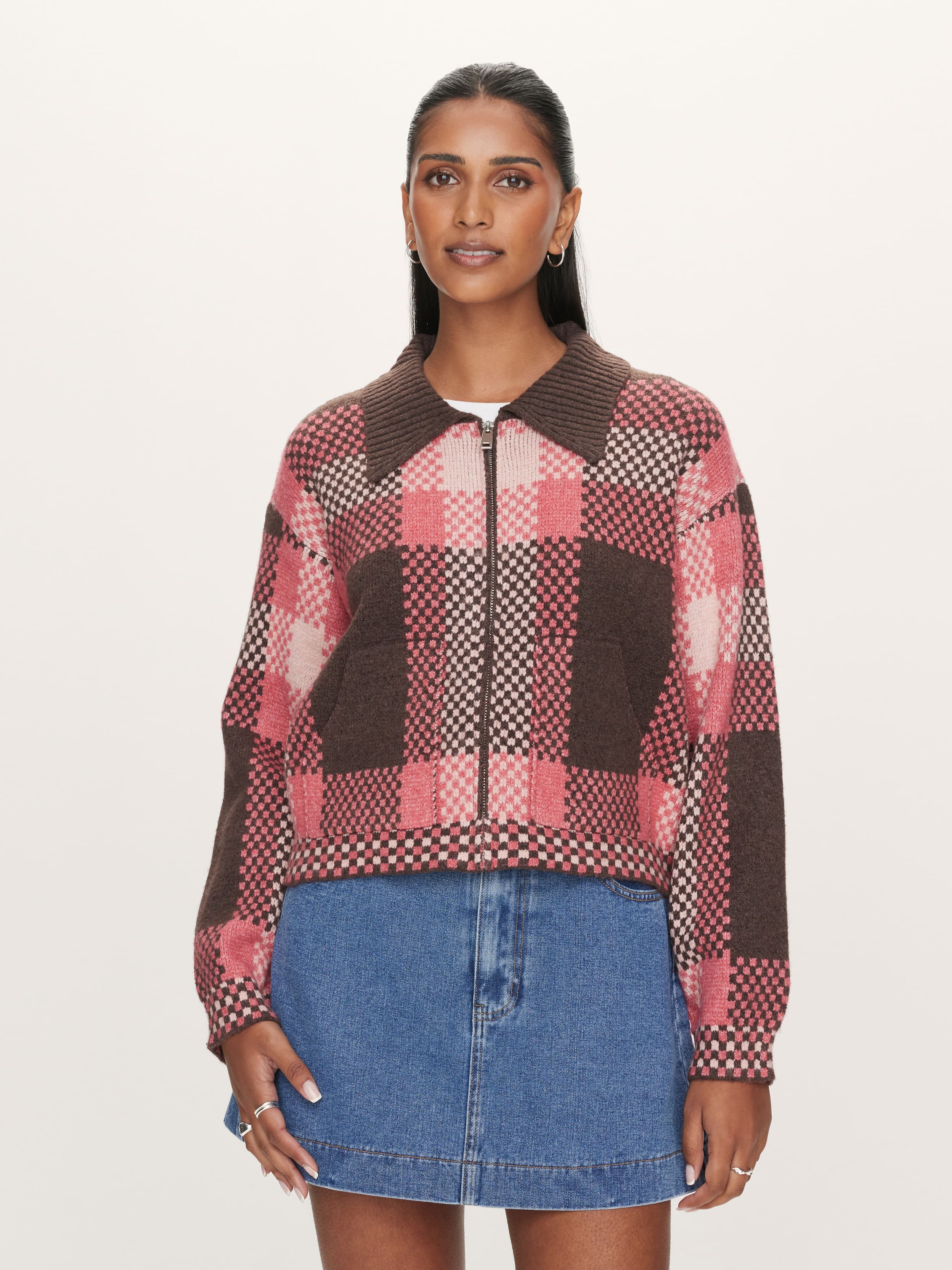 Brandi Check Knit Bomber Jacket