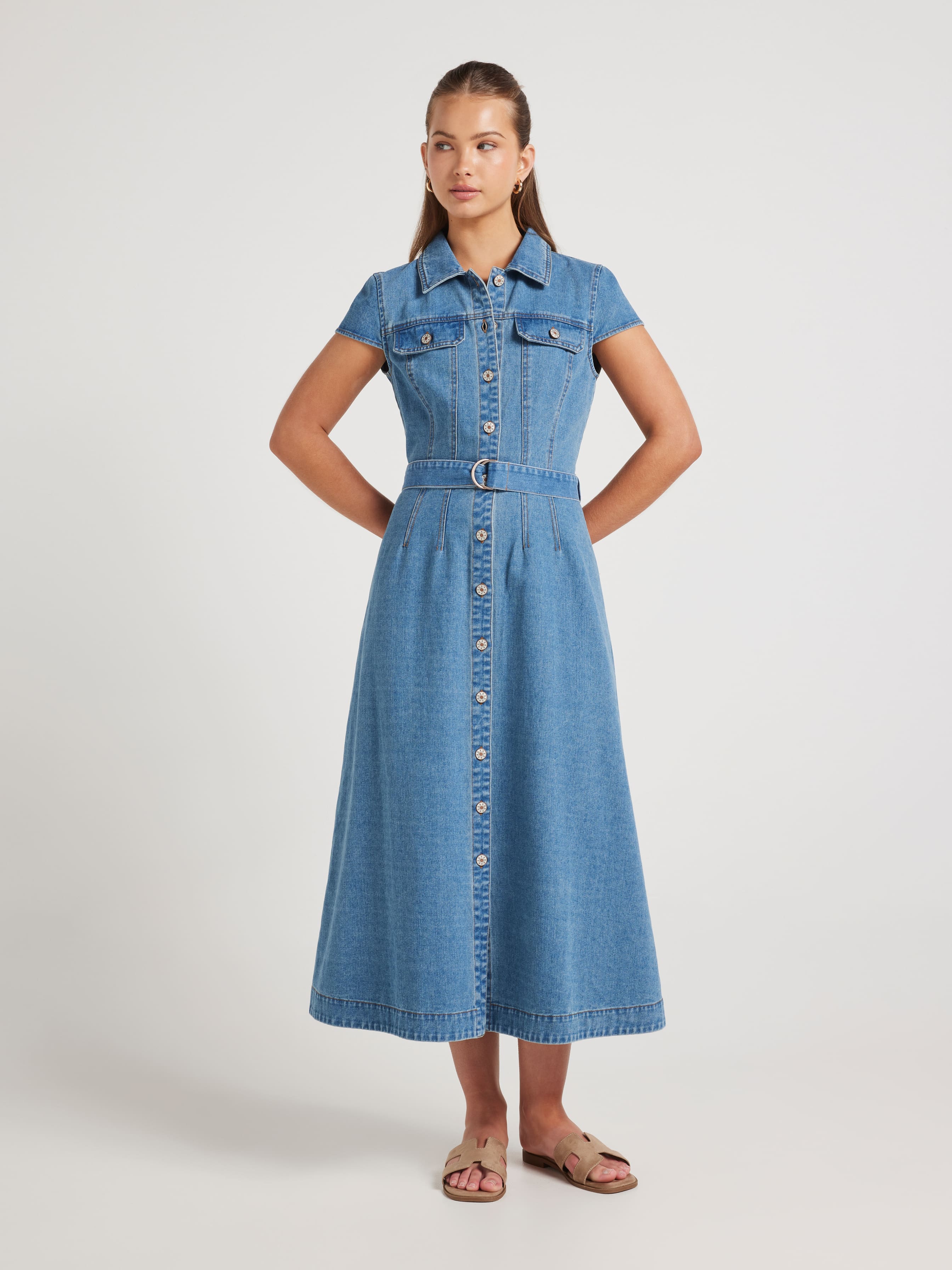 Riley Denim Short Sleeve Midi Dress