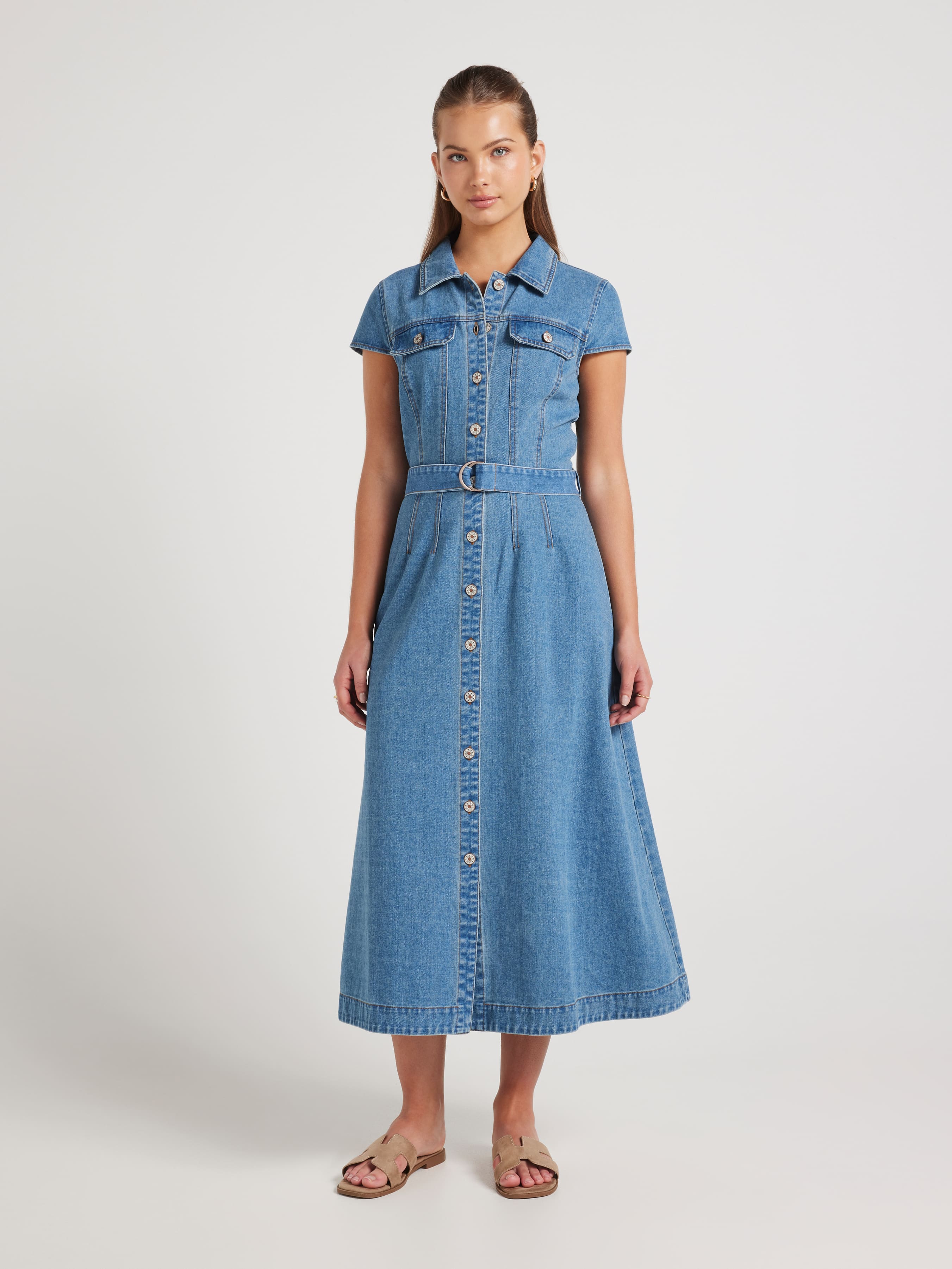 Riley Denim Short Sleeve Midi Dress
