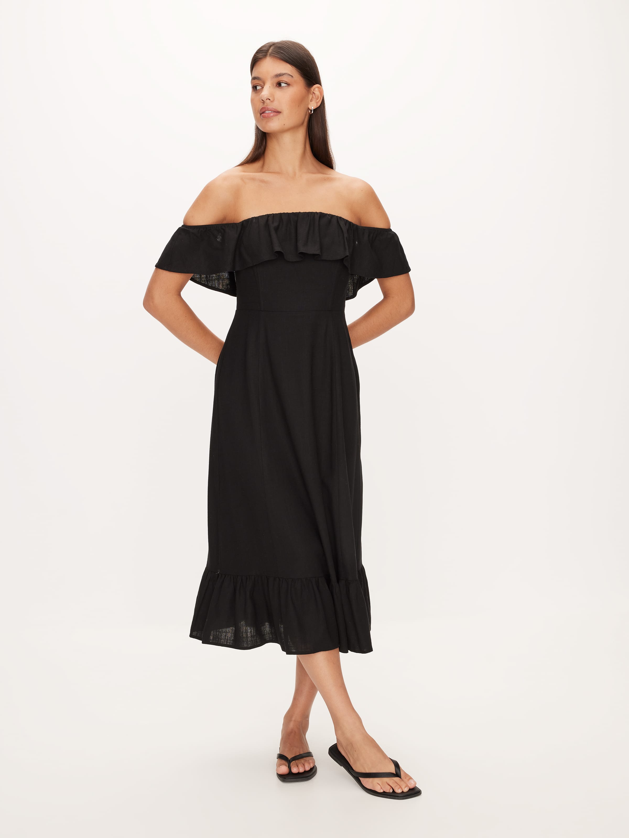 Frill Linen Blend Midi Dress