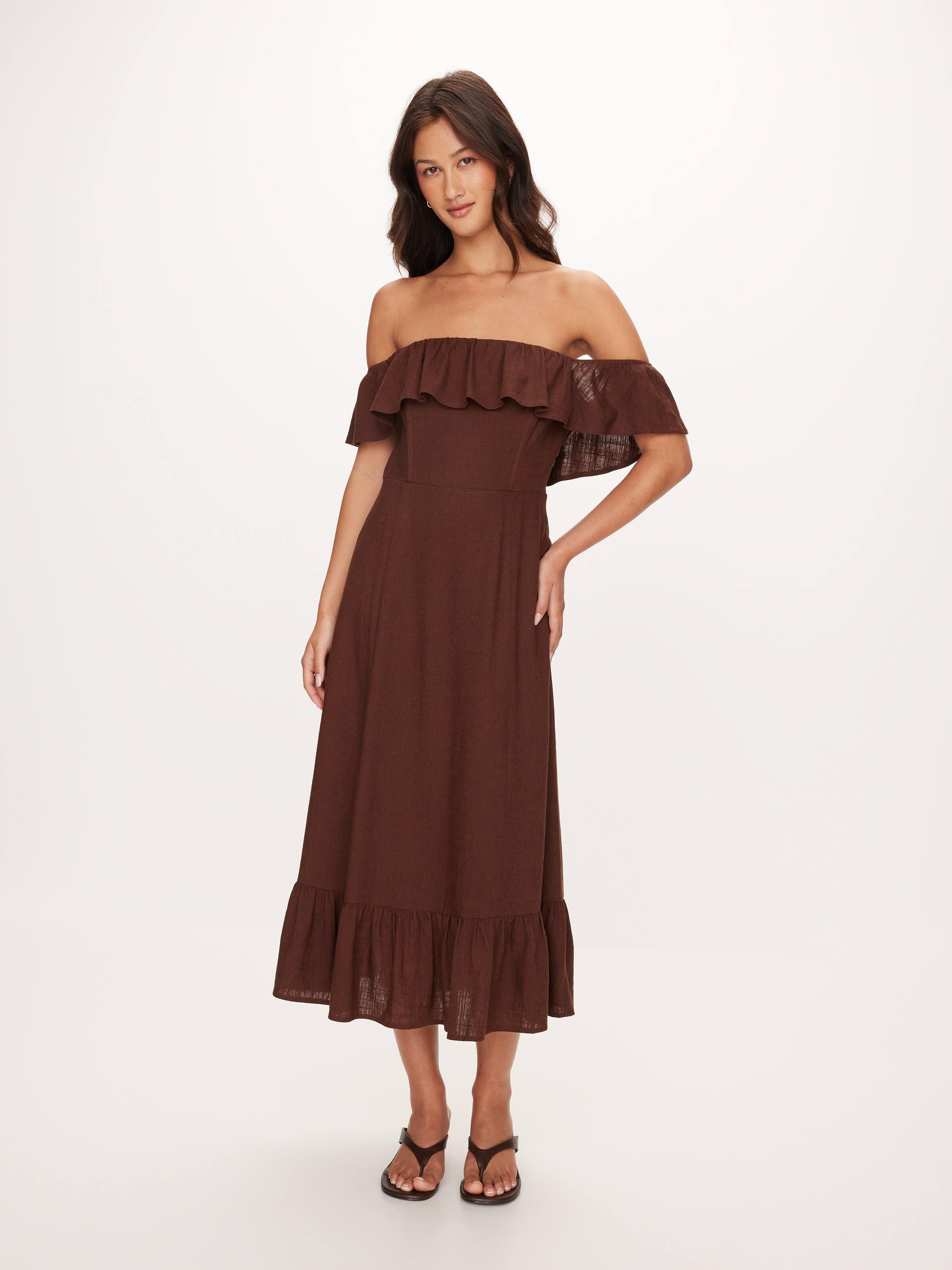 Frill Linen Blend Midi Dress