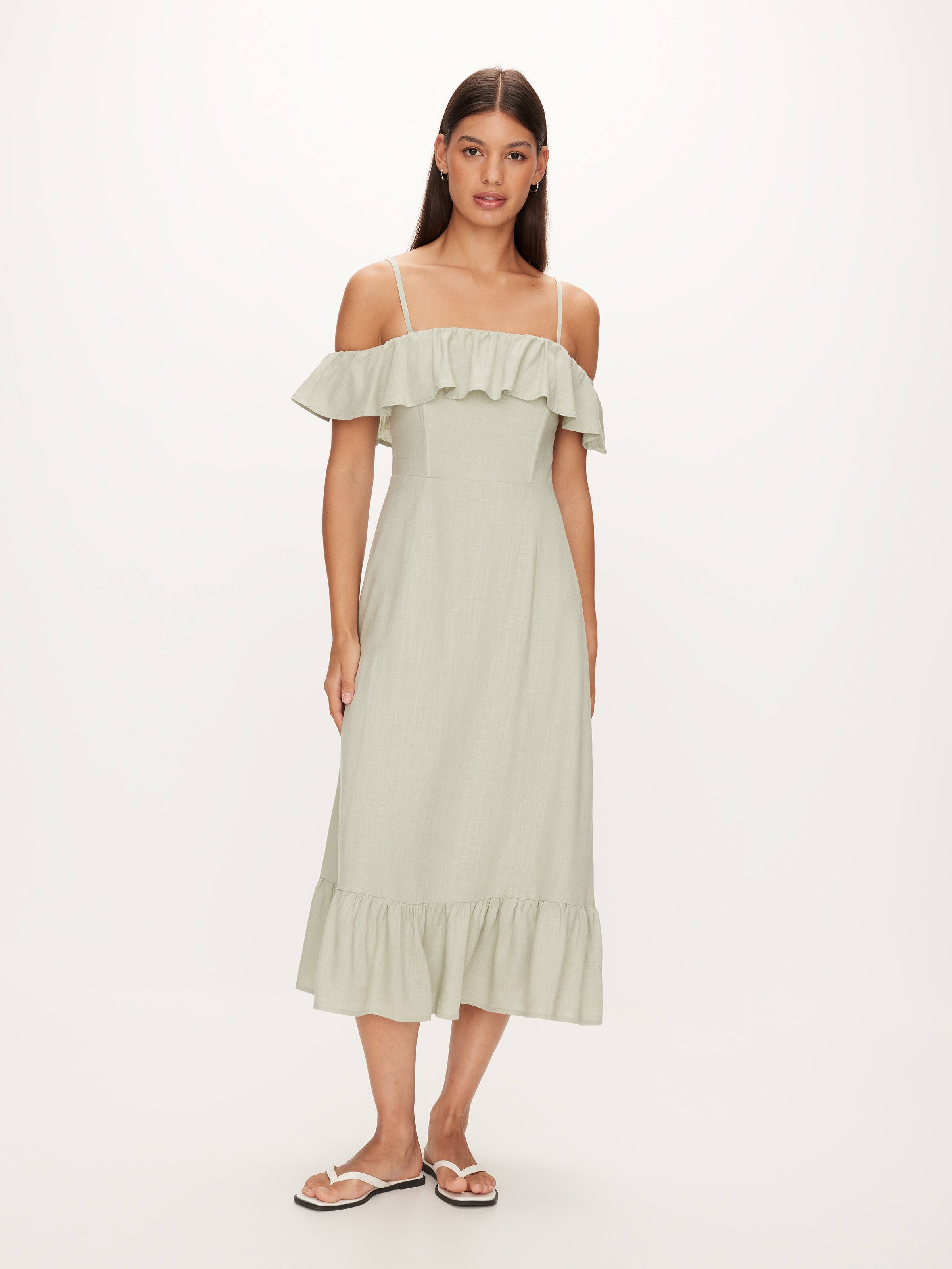Frill Linen Blend Midi Dress