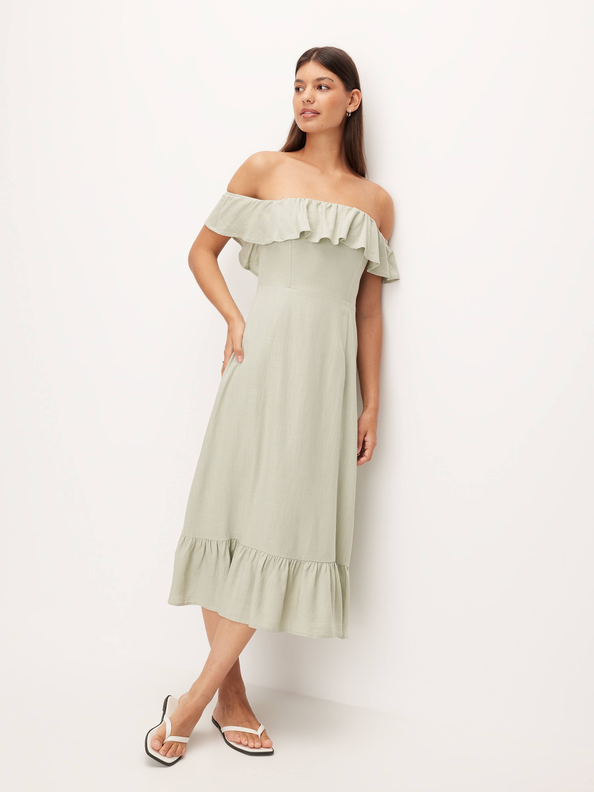 Frill Linen Blend Midi Dress