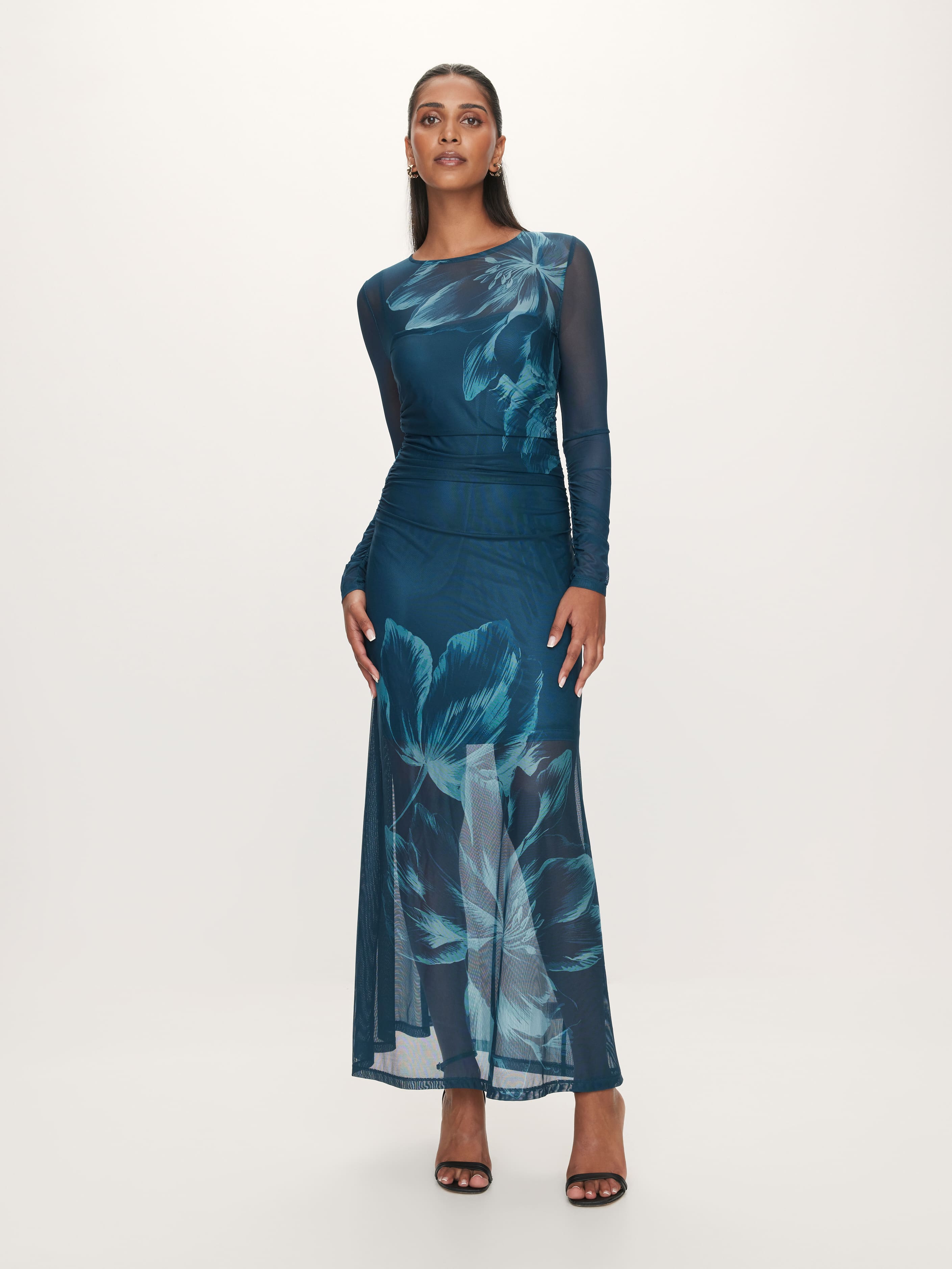 blue dress dotti Long Sleeve Midi Floral Dress Leo Long Sleeve Mesh Midi Dress Dotti Online Low V-Neck Quinceanera Collection Dress 26079 Color:dark green