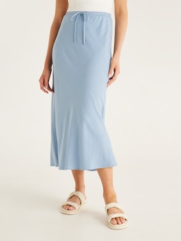 Linen Blend Tallow Bias Cut Midi Skirt