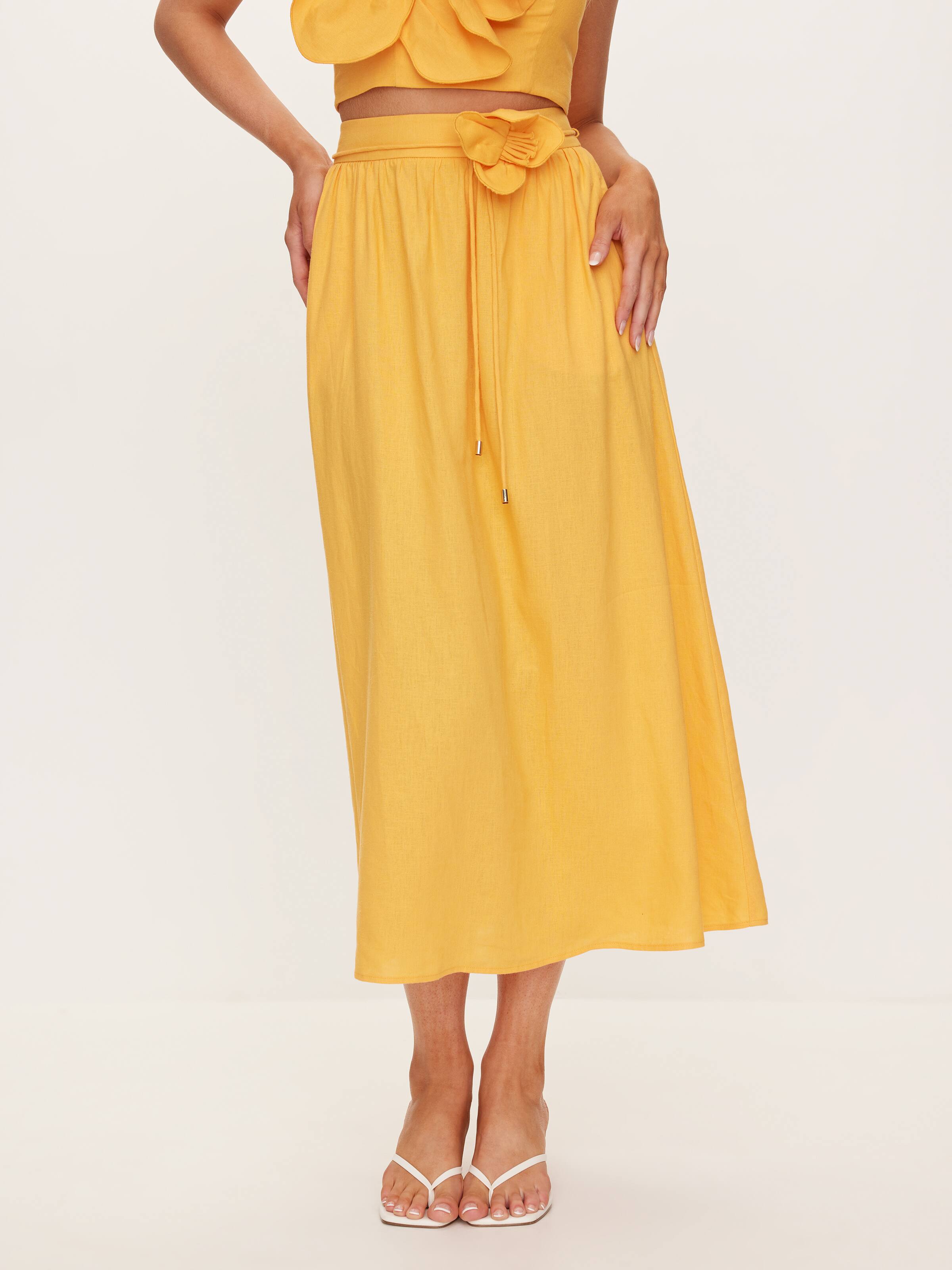 Linen Blend Hibiscus Midi Skirt