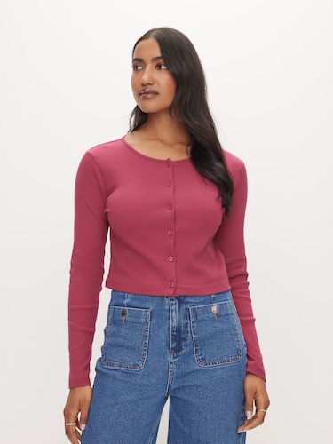 Long Sleeve Button Through Rib Top                                                                                              