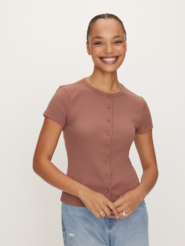 Rib Button Through Short Sleeve Top                                                                                             