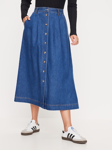 Haley Pleated Denim Midi Skirt                                                                                                  