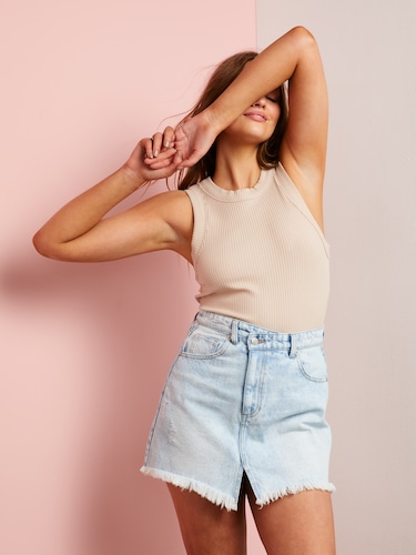 Tilly Distressed Denim Skirt                                                                                                    