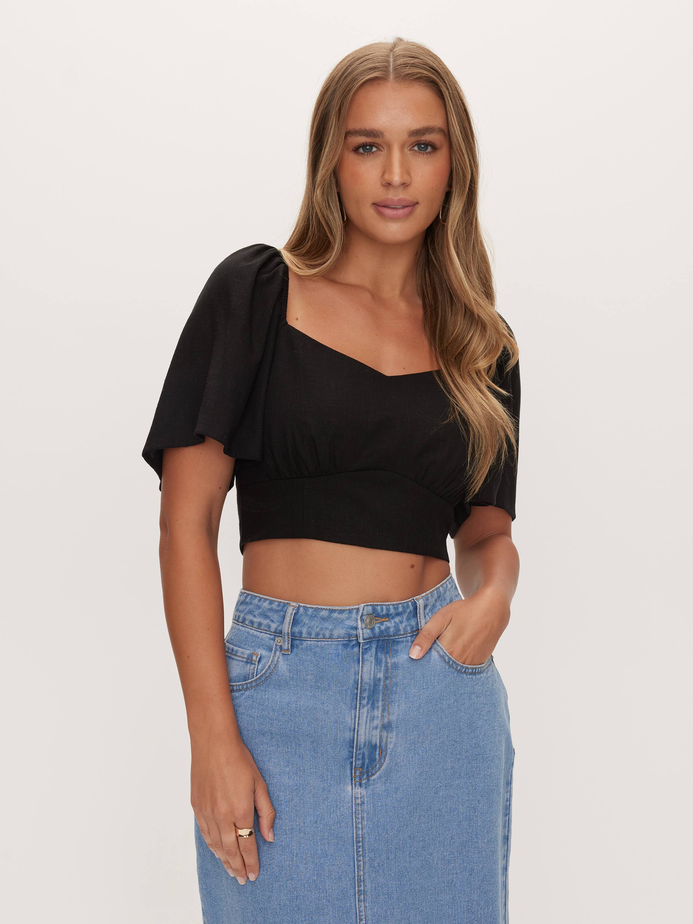 Linen Blend Sara Flutter Sleeve Top Dotti Online