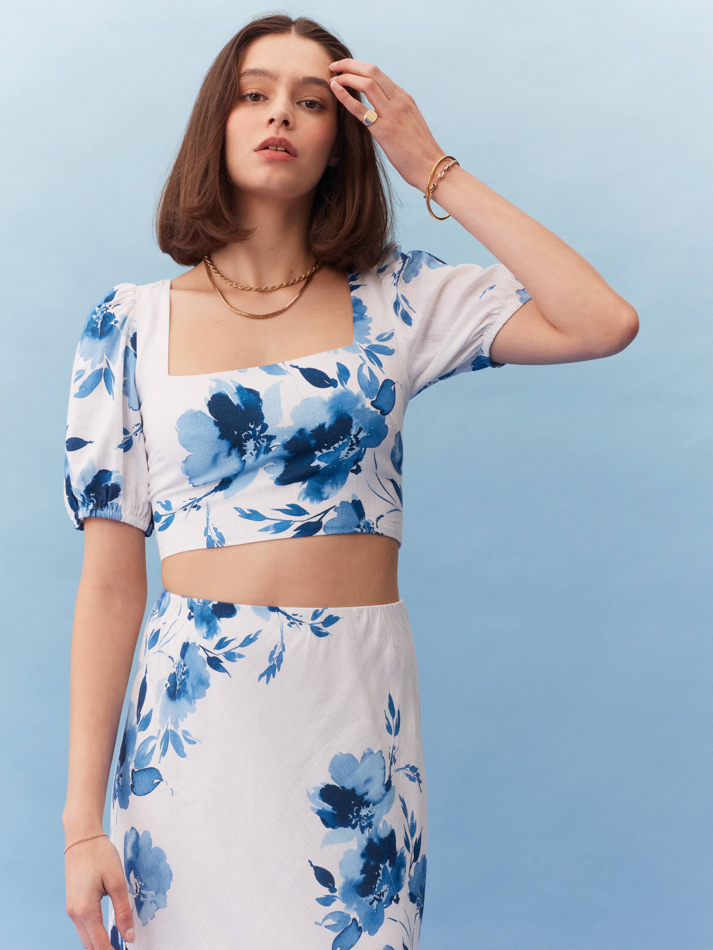 Maria Linen Blend Puff Sleeve Top Blue Water Coast Dotti Online