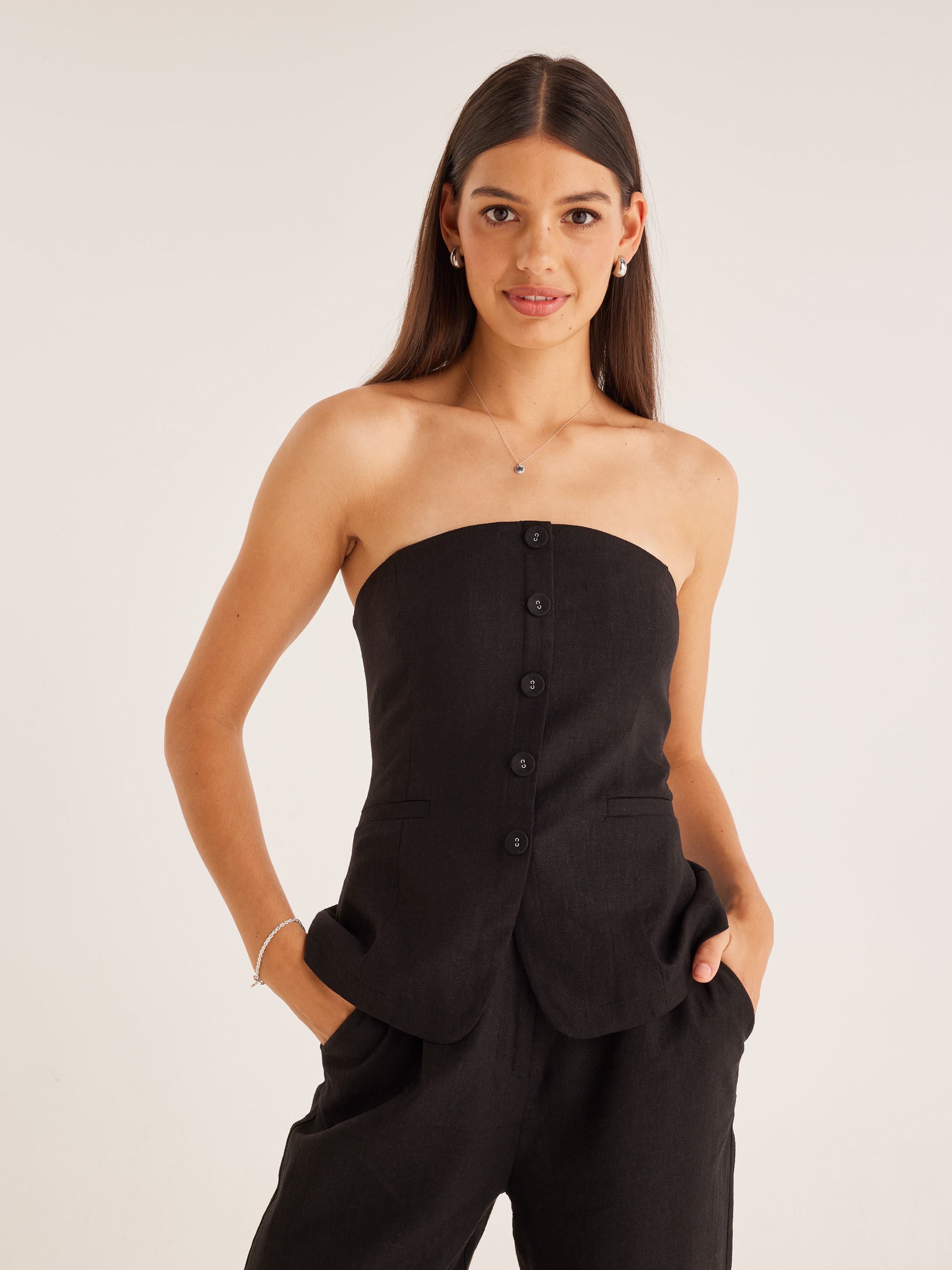 Linen Blend Button Through Strapless Top Dotti Online