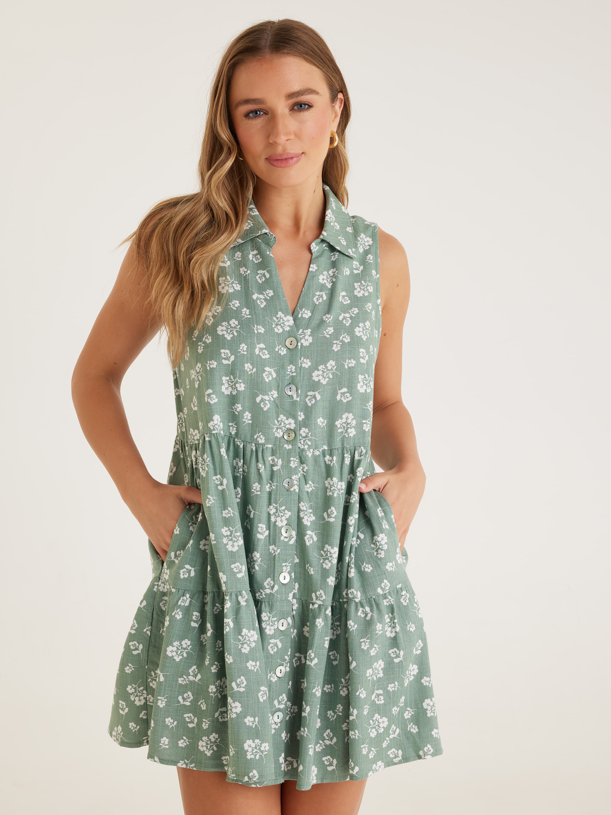 Tonya Linen Blend Sleeveless Tunic Dress Khaki Floral Dotti Online