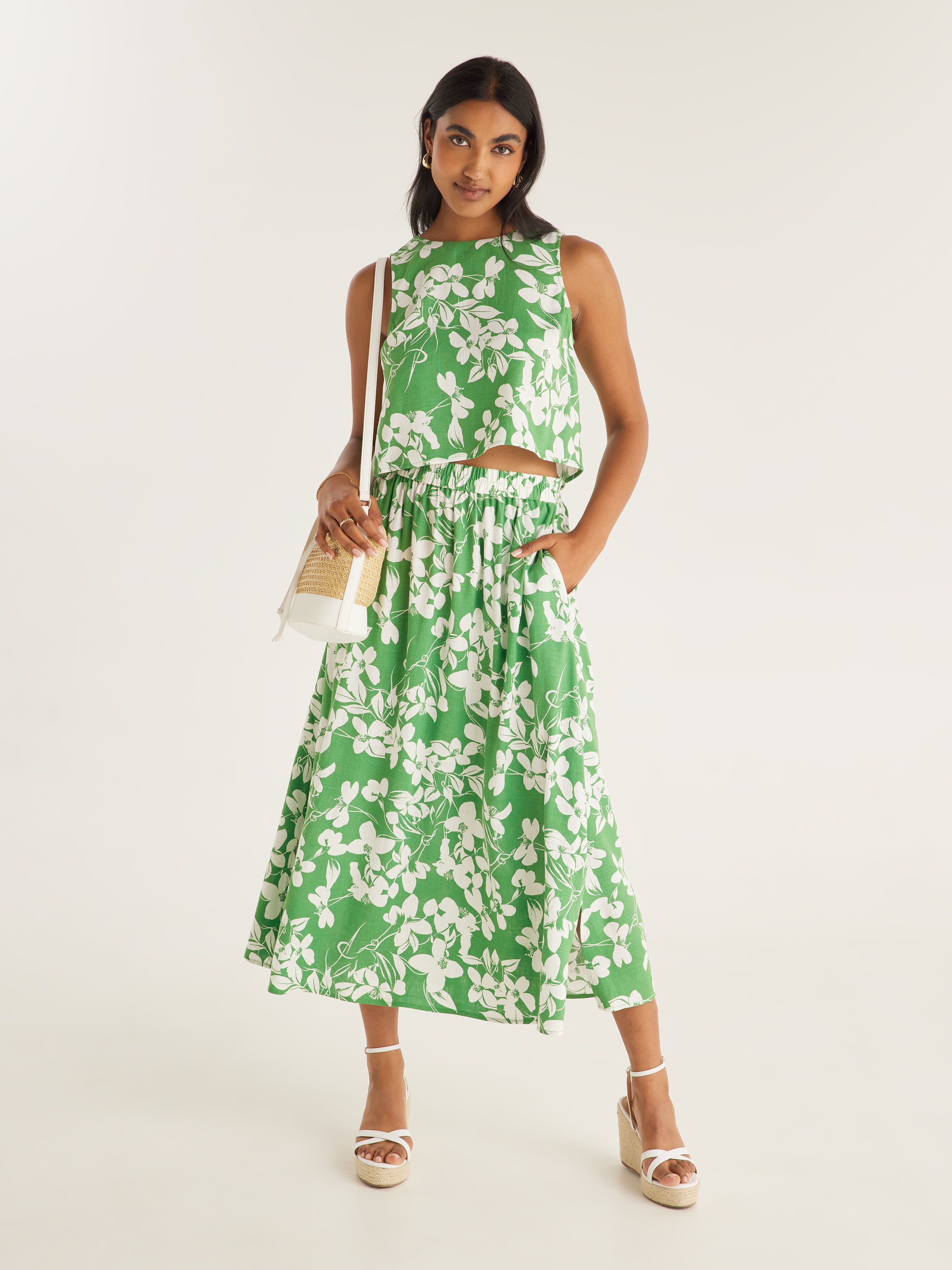 Linen Blend Emma Side Split Midi Skirt Dotti Online